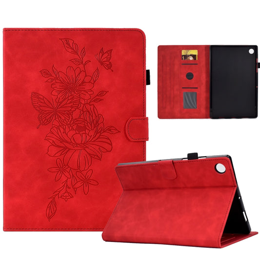 For Samsung Galaxy Tab A11 / A9 Peony Butterfly Embossed Leather Smart Tablet Case(Red) by bashfashion
