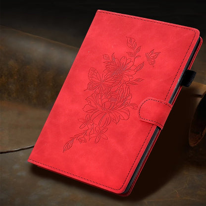 For Samsung Galaxy Tab A11 / A9 Peony Butterfly Embossed Leather Smart Tablet Case(Red) by bashfashion