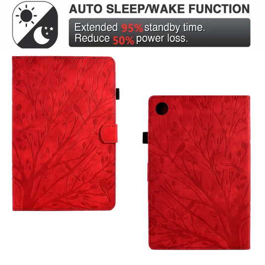 For Samsung Galaxy Tab A11 / A9 Fortune Tree Embossed Leather Smart Tablet Case(Red) by bashfashion