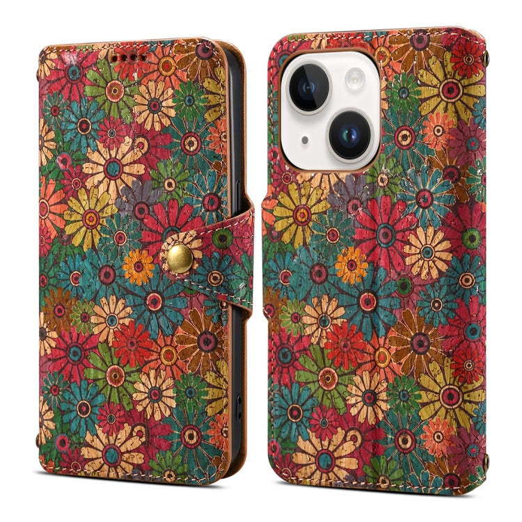 For iPhone 15 Plus Denior Flower Language Series Cork Fabric Oil Edge Leather Phone Case(Spring) by Denior