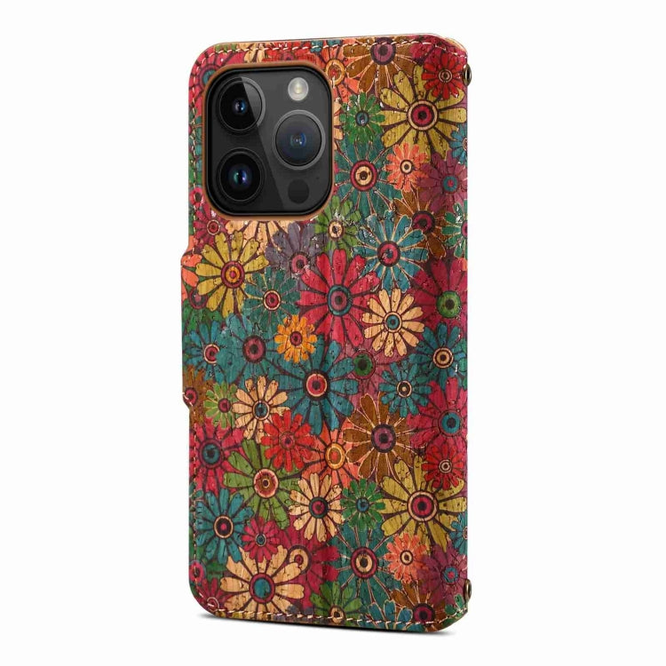 For iPhone 15 Plus Denior Flower Language Series Cork Fabric Oil Edge Leather Phone Case(Spring) by Denior