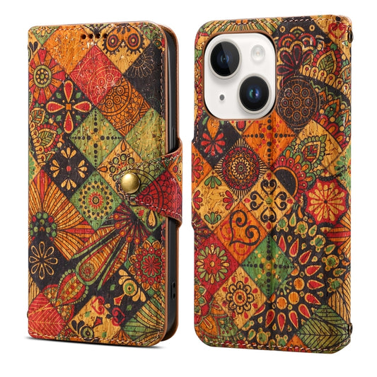 For iPhone 15 Plus Denior Flower Language Series Cork Fabric Oil Edge Leather Phone Case(Autumn) by Denior
