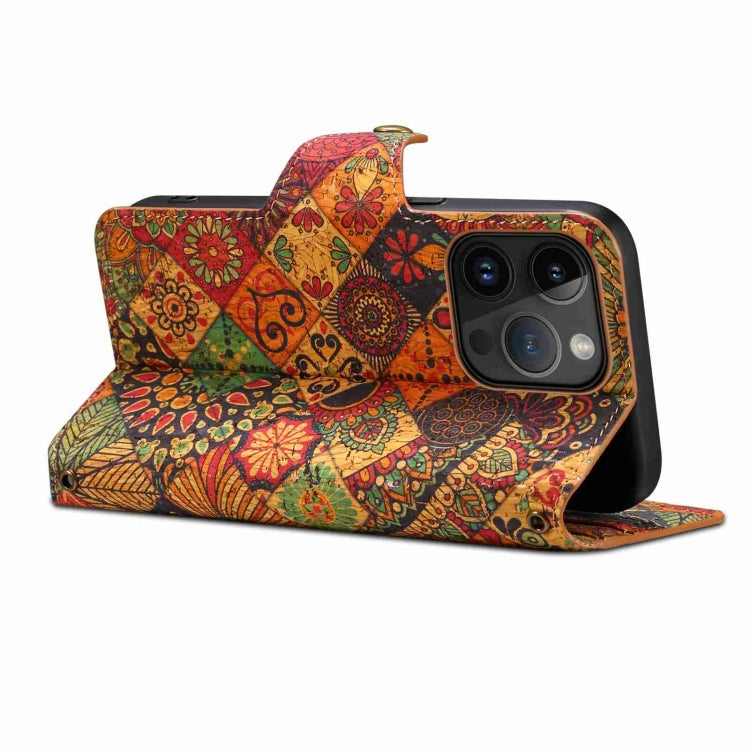 For iPhone 15 Plus Denior Flower Language Series Cork Fabric Oil Edge Leather Phone Case(Autumn) by Denior