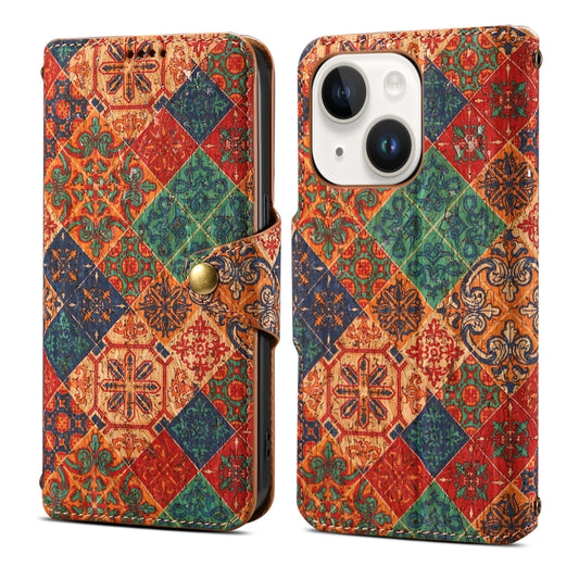 For iPhone 15 Plus Denior Flower Language Series Cork Fabric Oil Edge Leather Phone Case(Winter) by Denior
