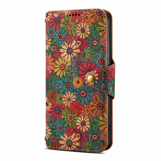 For iPhone 15 Pro Denior Flower Language Series Cork Fabric Oil Edge Leather Phone Case(Spring) by Denior