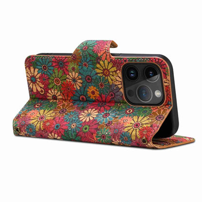 For iPhone 15 Pro Denior Flower Language Series Cork Fabric Oil Edge Leather Phone Case(Spring) by Denior