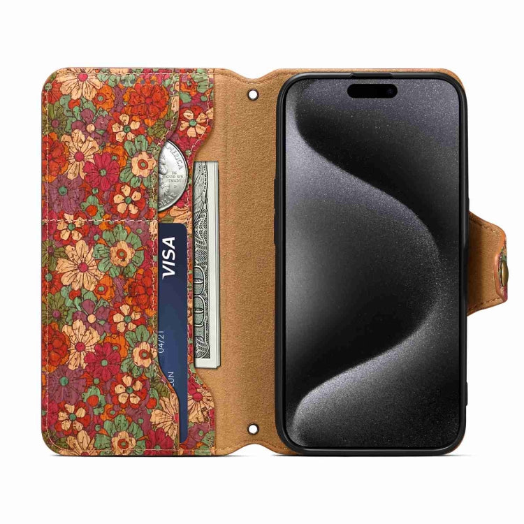 For iPhone 15 Pro Denior Flower Language Series Cork Fabric Oil Edge Leather Phone Case(Summer) by Denior