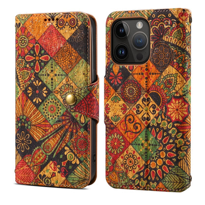 For iPhone 15 Pro Denior Flower Language Series Cork Fabric Oil Edge Leather Phone Case(Autumn) by Denior