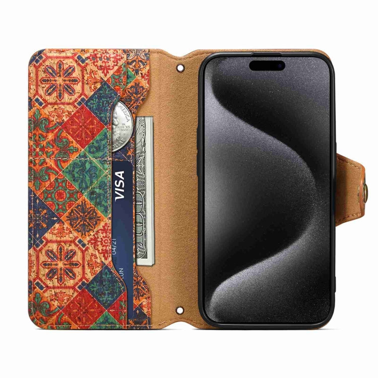 For iPhone 15 Pro Denior Flower Language Series Cork Fabric Oil Edge Leather Phone Case(Winter) by Denior