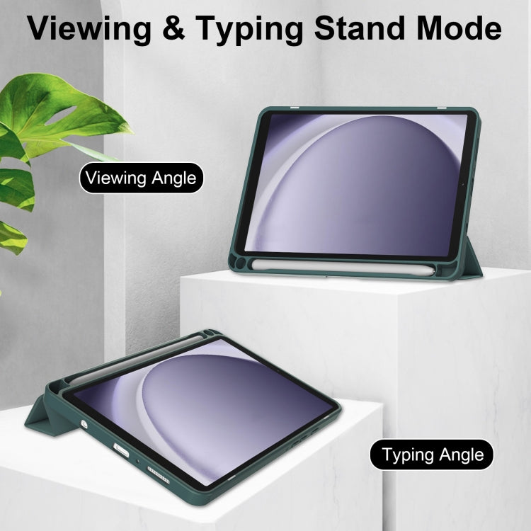 For Samsung Galaxy Tab A11 / A9 Acrylic 3-folding Leather Tablet Case with Pen Slot(Dark Green) by bashfashion