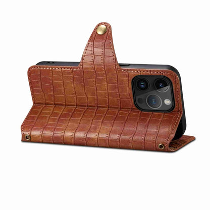 For iPhone 15 Pro Denior Crocodile Texture Oil Edge Leather Phone Case(Brown) by Denior