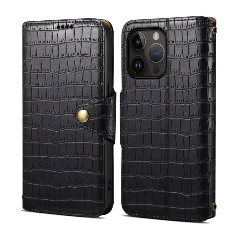 For iPhone 15 Pro Denior Crocodile Texture Oil Edge Leather Phone Case(Black) by Denior