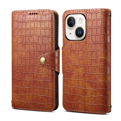 For iPhone 15 Plus Denior Crocodile Texture Oil Edge Leather Phone Case(Brown) by Denior