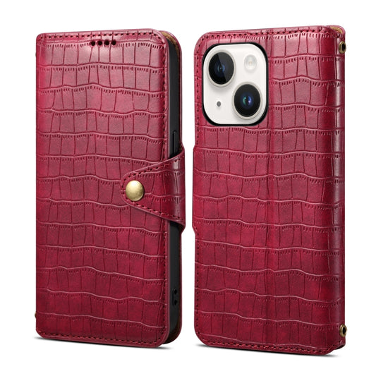 For iPhone 15 Plus Denior Crocodile Texture Oil Edge Leather Phone Case(Rose Red) by Denior