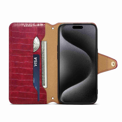 For iPhone 15 Plus Denior Crocodile Texture Oil Edge Leather Phone Case(Rose Red) by Denior
