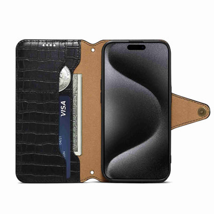 For iPhone 14 Pro Max Denior Crocodile Texture Oil Edge Leather Phone Case(Black) by Denior