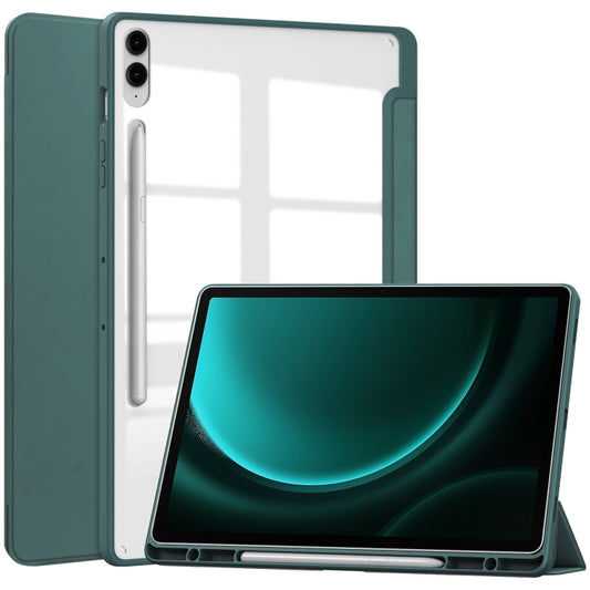 For Samsung Galaxy Tab S9 FE+ / S10+ Acrylic 3-folding Smart Leather Tablet Case with Pen Slot(Dark Green) by bashfashion