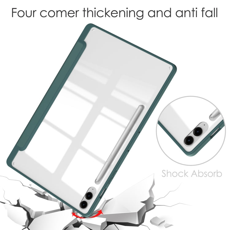 For Samsung Galaxy Tab S9 FE+ / S10+ Acrylic 3-folding Smart Leather Tablet Case with Pen Slot(Dark Green) by bashfashion