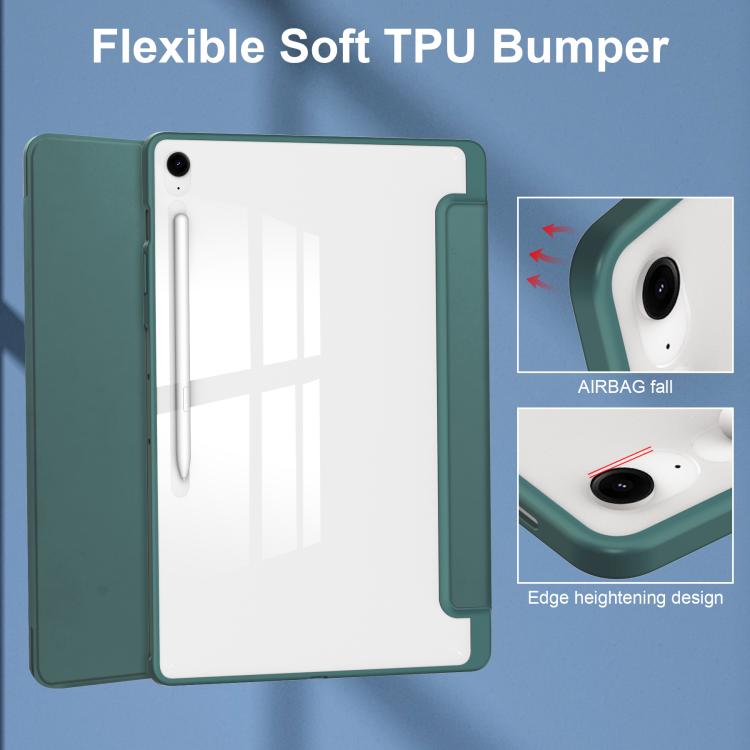 For Samsung Galaxy Tab S10 FE+ Acrylic 3-folding Smart Leather Tablet Case with Pen Slot(Dark Green) by bashfashion