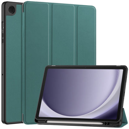 For Samsung Galaxy Tab A9+ Custer 3-folding Holder TPU Smart Leather Tablet Case(Dark Green) by bashfashion