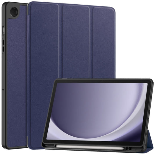 For Samsung Galaxy Tab A9+ Custer 3-folding Holder TPU Smart Leather Tablet Case(Dark Blue) by bashfashion