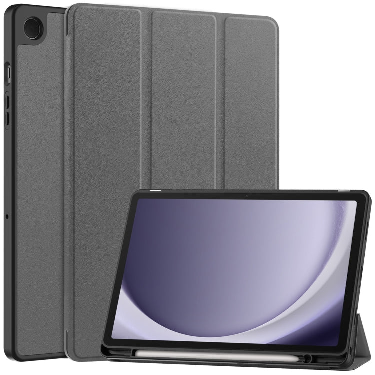 For Samsung Galaxy Tab A9+ Custer 3-folding Holder TPU Smart Leather Tablet Case(Grey) by bashfashion