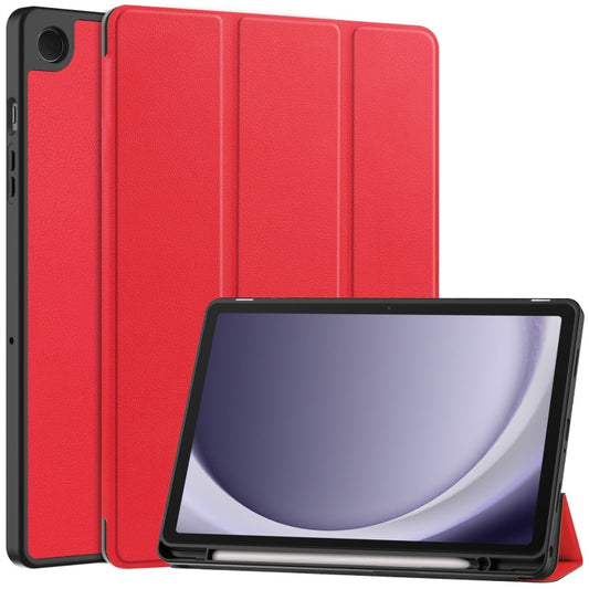 For Samsung Galaxy Tab A9+ Custer 3-folding Holder TPU Smart Leather Tablet Case(Red) by bashfashion