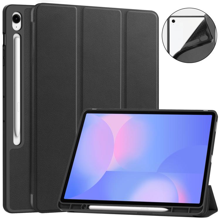 For Samsung Galaxy Tab S10 FE+ Custer 3-folding Holder TPU Smart Leather Tablet Case(Black) by bashfashion
