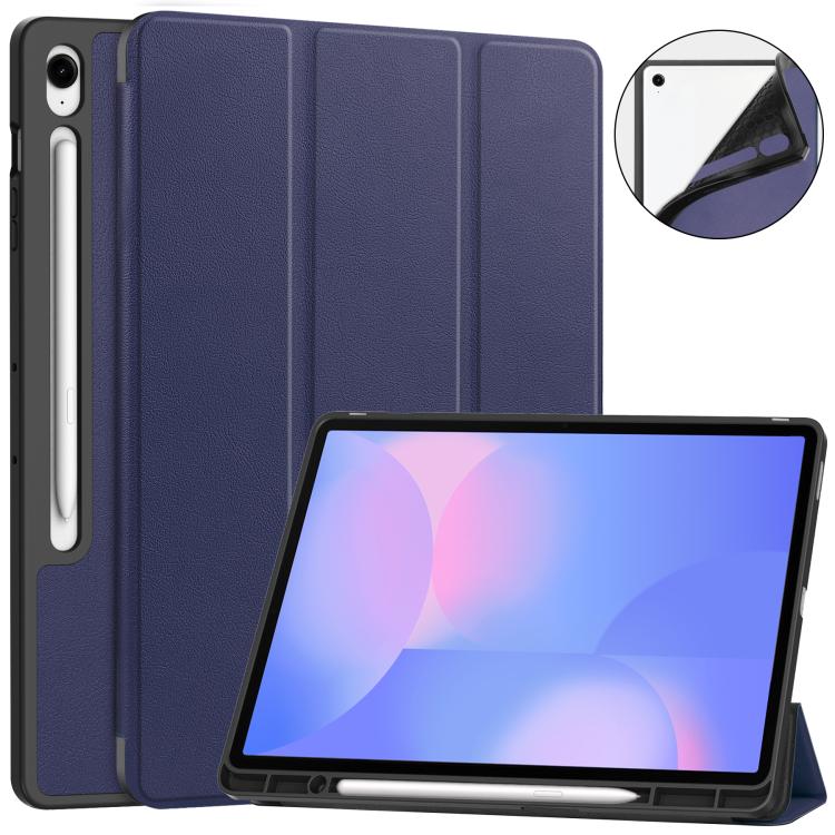 For Samsung Galaxy Tab S10 FE+ Custer 3-folding Holder TPU Smart Leather Tablet Case(Dark Blue) by bashfashion
