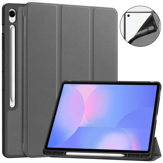 For Samsung Galaxy Tab S10 FE+ Custer 3-folding Holder TPU Smart Leather Tablet Case(Grey) by bashfashion