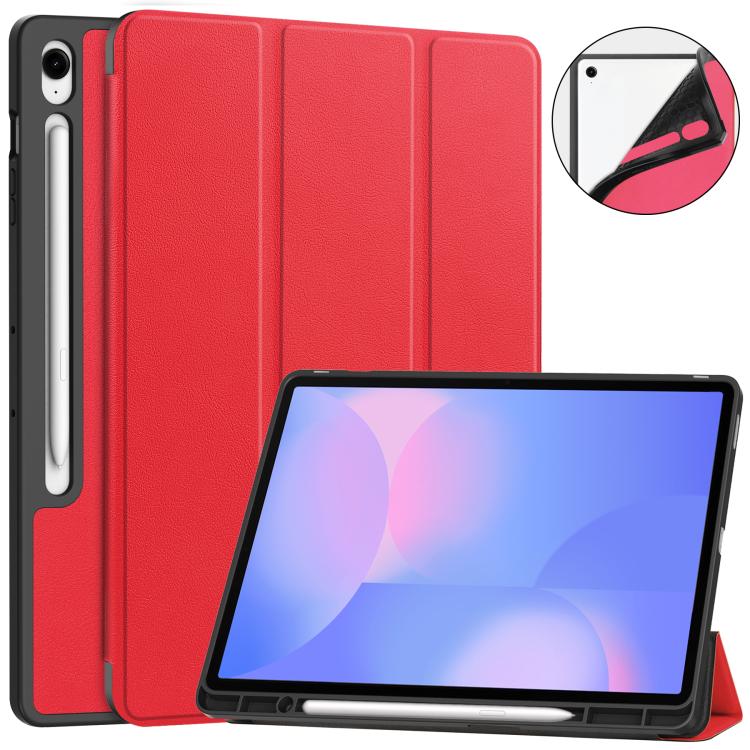 For Samsung Galaxy Tab S10 FE+ Custer 3-folding Holder TPU Smart Leather Tablet Case(Red) by bashfashion