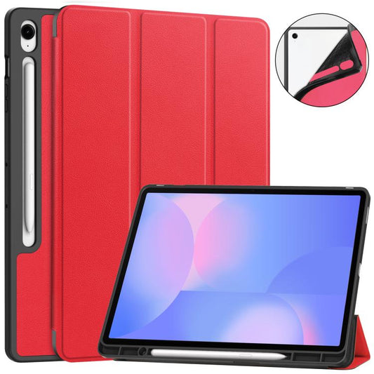 For Samsung Galaxy Tab S10 FE+ Custer 3-folding Holder TPU Smart Leather Tablet Case(Red) by bashfashion