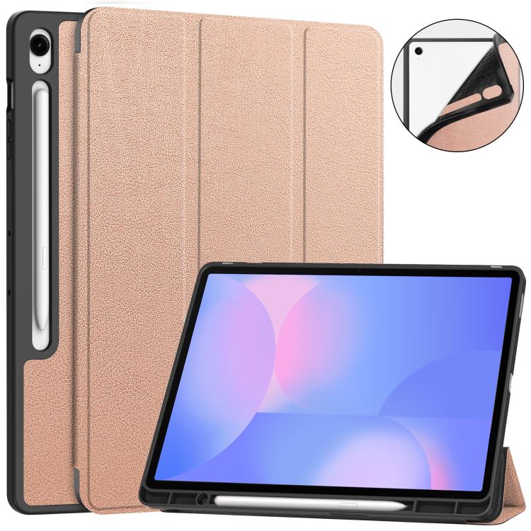 For Samsung Galaxy Tab S10 FE+ Custer 3-folding Holder TPU Smart Leather Tablet Case(Rose Gold) by bashfashion