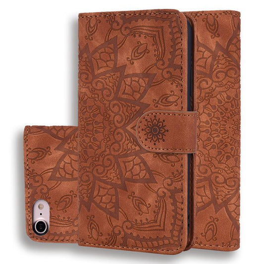 For iPhone 16e Mandala Embossed Dual-Fold Calf Leather Phone Case(Brown) by bashfashion