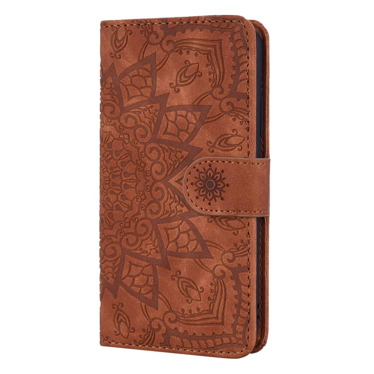 For iPhone 16e Mandala Embossed Dual-Fold Calf Leather Phone Case(Brown) by bashfashion
