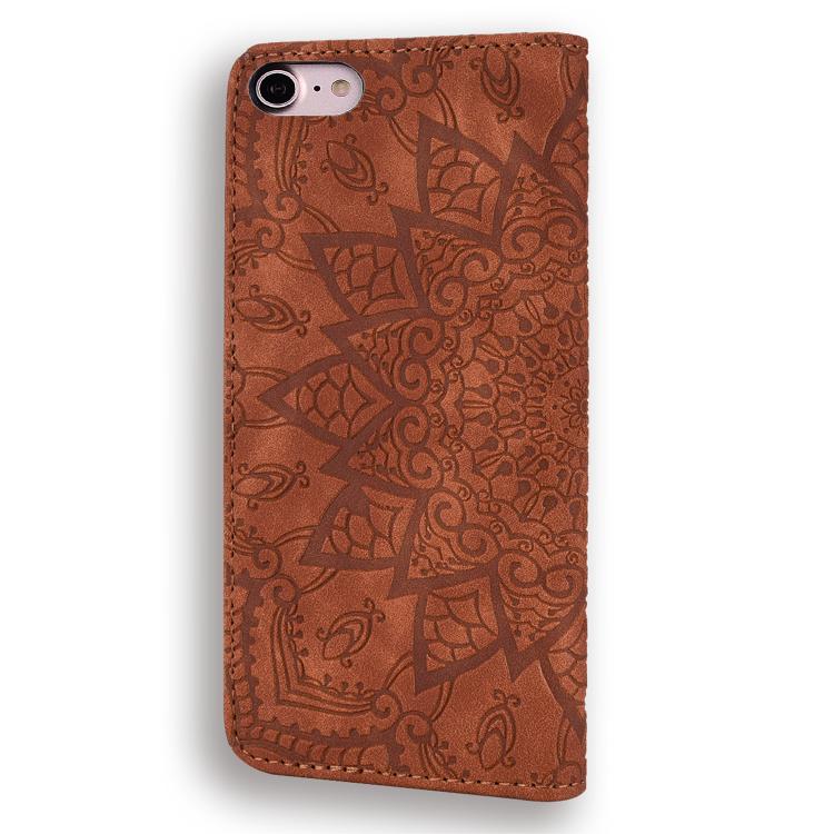 For iPhone 16e Mandala Embossed Dual-Fold Calf Leather Phone Case(Brown) by bashfashion