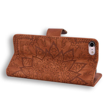 For iPhone 16e Mandala Embossed Dual-Fold Calf Leather Phone Case(Brown) by bashfashion