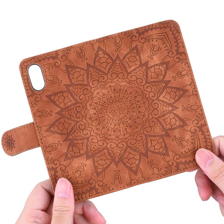 For iPhone 16e Mandala Embossed Dual-Fold Calf Leather Phone Case(Brown) by bashfashion
