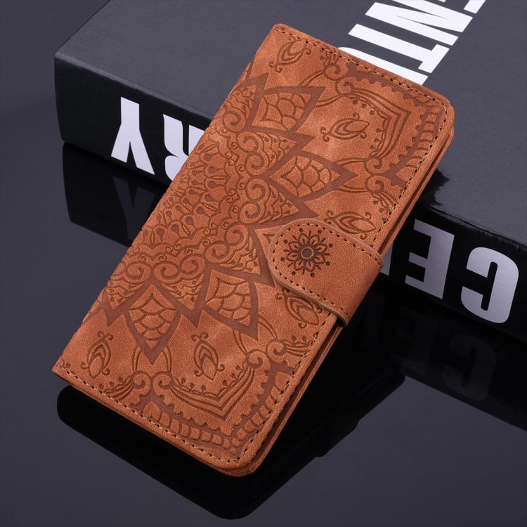 For iPhone 16e Mandala Embossed Dual-Fold Calf Leather Phone Case(Brown) by bashfashion