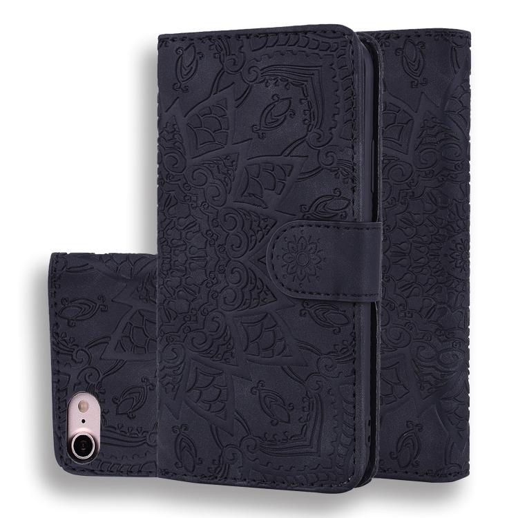 For iPhone 16e Mandala Embossed Dual-Fold Calf Leather Phone Case(Black) by bashfashion