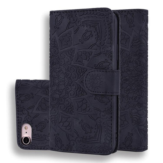 For iPhone 16e Mandala Embossed Dual-Fold Calf Leather Phone Case(Black) by bashfashion