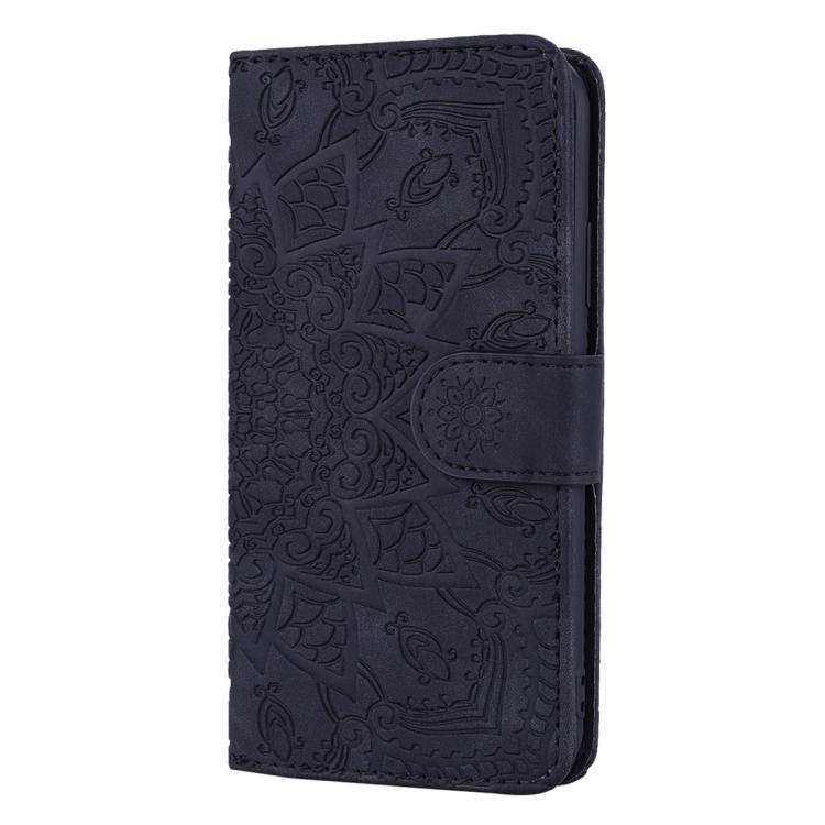 For iPhone 16e Mandala Embossed Dual-Fold Calf Leather Phone Case(Black) by bashfashion