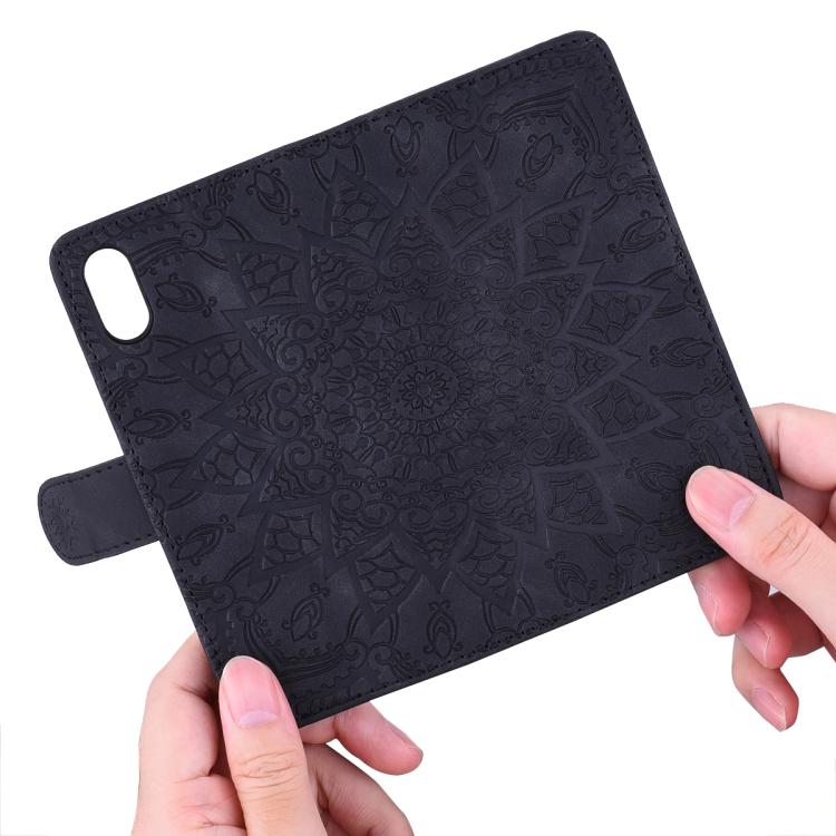 For iPhone 16e Mandala Embossed Dual-Fold Calf Leather Phone Case(Black) by bashfashion