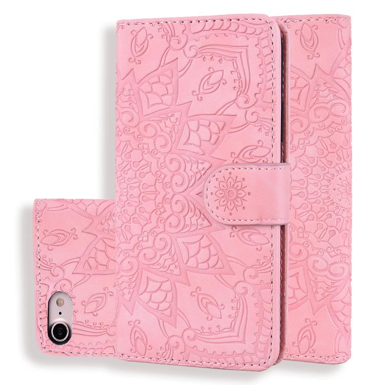 For iPhone 16e Mandala Embossed Dual-Fold Calf Leather Phone Case(Pink) by bashfashion