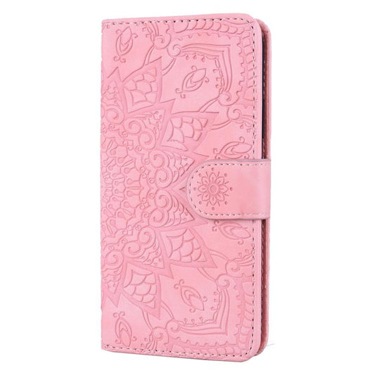 For iPhone 16e Mandala Embossed Dual-Fold Calf Leather Phone Case(Pink) by bashfashion