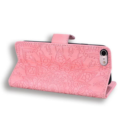 For iPhone 16e Mandala Embossed Dual-Fold Calf Leather Phone Case(Pink) by bashfashion