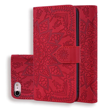 For iPhone 16e Mandala Embossed Dual-Fold Calf Leather Phone Case(Red) by bashfashion
