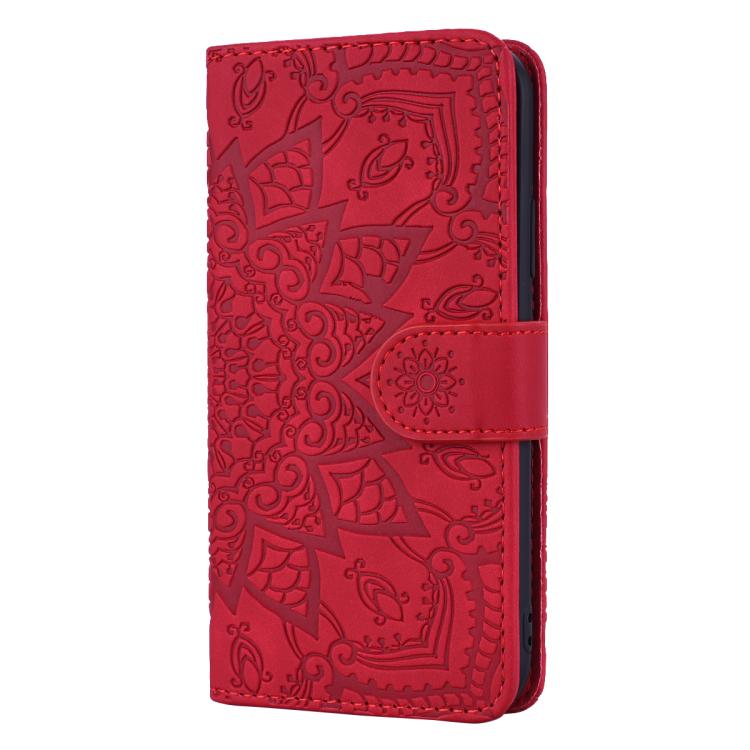 For iPhone 16e Mandala Embossed Dual-Fold Calf Leather Phone Case(Red) by bashfashion