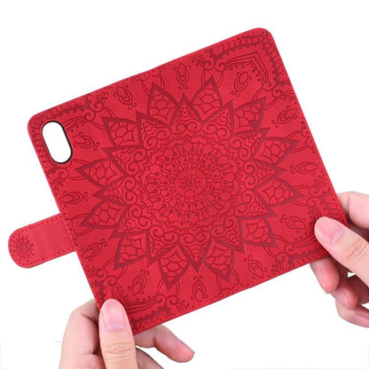 For iPhone 16e Mandala Embossed Dual-Fold Calf Leather Phone Case(Red) by bashfashion