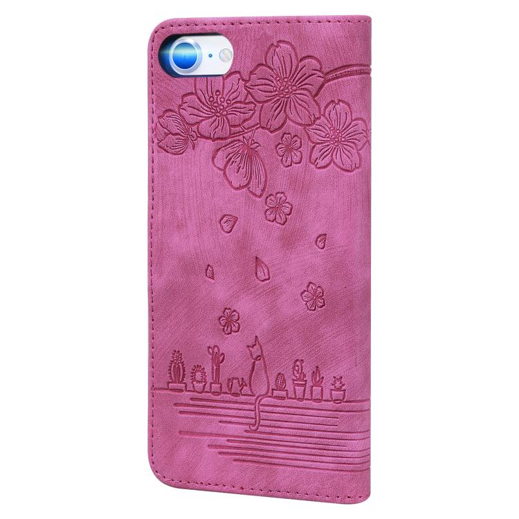 For iPhone 16e Cartoon Sakura Cat Embossed Leather Phone Case(Rose Red) by bashfashion